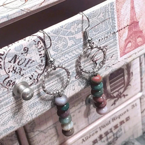 Indian Agate Gemstone Rondelle Beads Textured Silver Ring Handcrafted Earrings - Picture 3 of 11